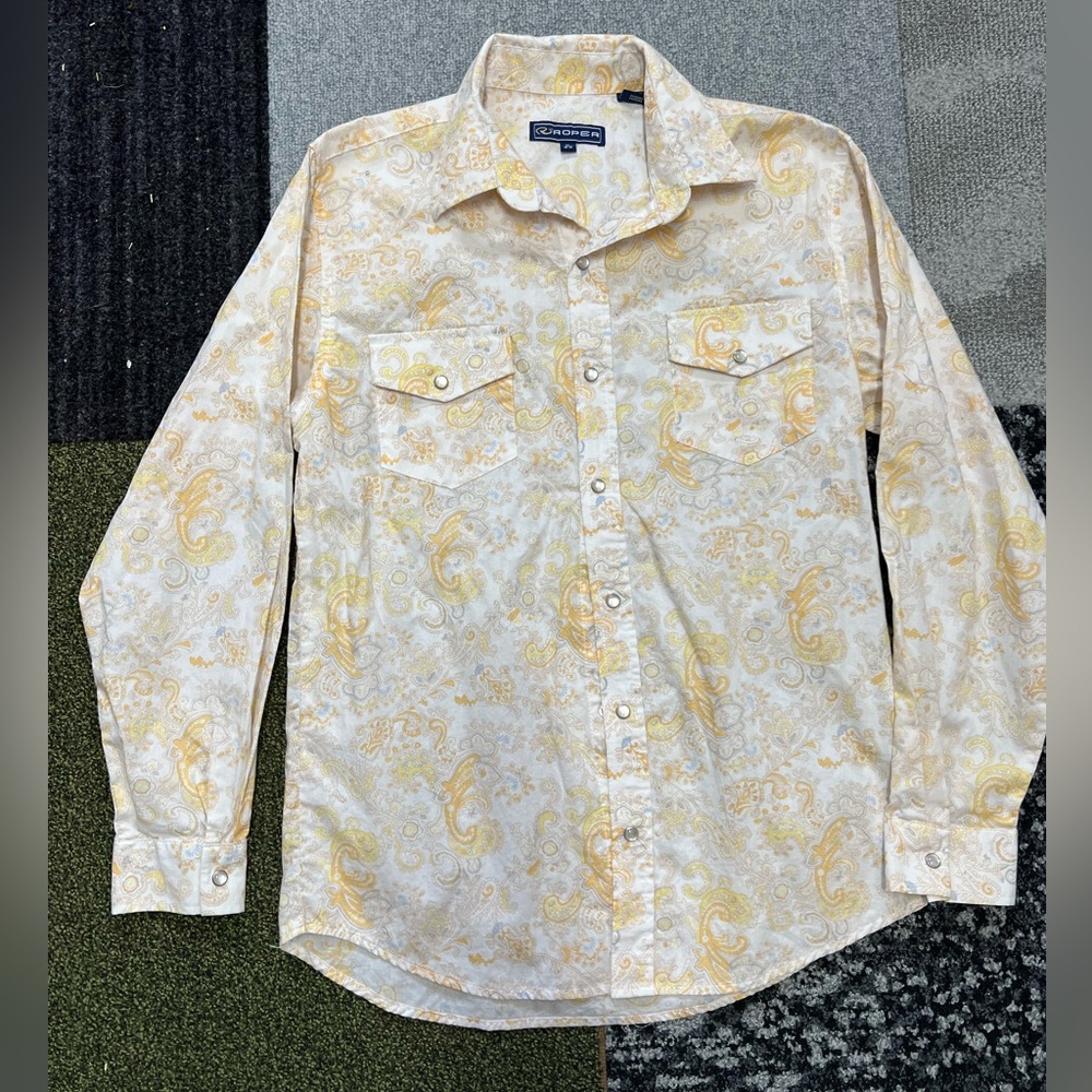 COPY - Roper Western Button Up Shirt Womens XL Yellow Paisley Log Sleeve Pearl …